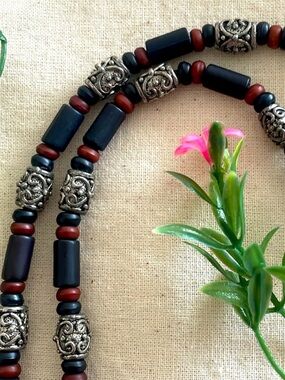 Handmade 3-Tone Men’s Choker Necklace Black Brown Red Metal Accent 17.5”